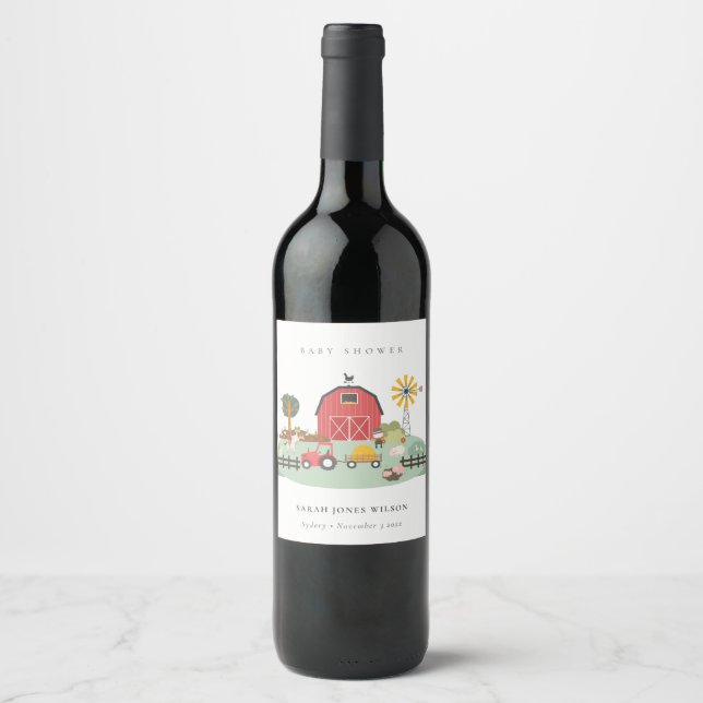 Elegant Cute Red Barnyard Farm Animal Baby Shower Wine Label (Front)