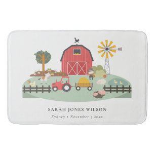 Elegant Cute Red Green Barnyard Farm Animal Kid Bath Mat
