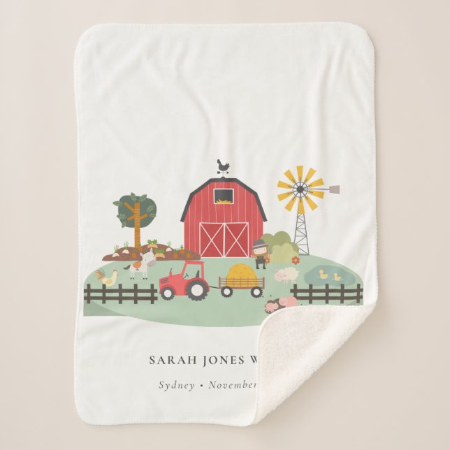 Elegant Cute Red Green Barnyard Farm Animal Kids Sherpa Blanket (Front)