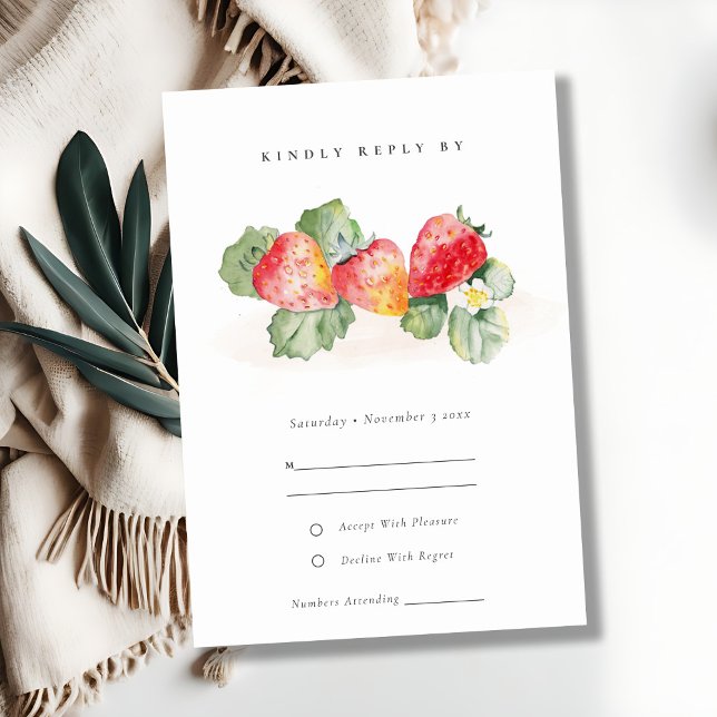 Elegant Cute Red Strawberry Leafy Foliage Wedding RSVP Card (Creator Uploaded)