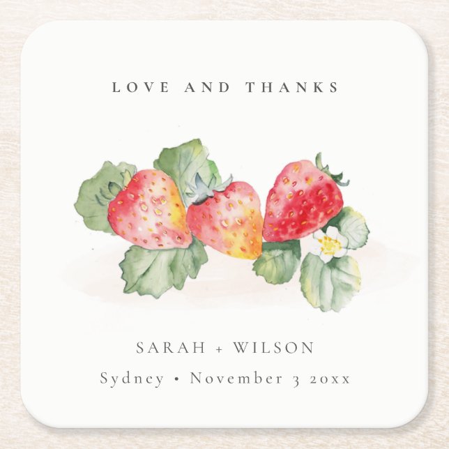 Elegant Cute Red Strawberry Leafy Foliage Wedding Square Paper Coaster (Front)