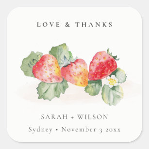 Elegant Cute Red Strawberry Leafy Foliage Wedding Square Sticker