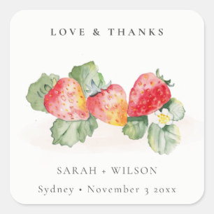 Elegant Cute Red Strawberry Leafy Foliage Wedding Square Sticker