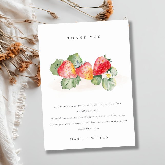Elegant Cute Red Strawberry Leafy Foliage Wedding Thank You Card (Creator Uploaded)