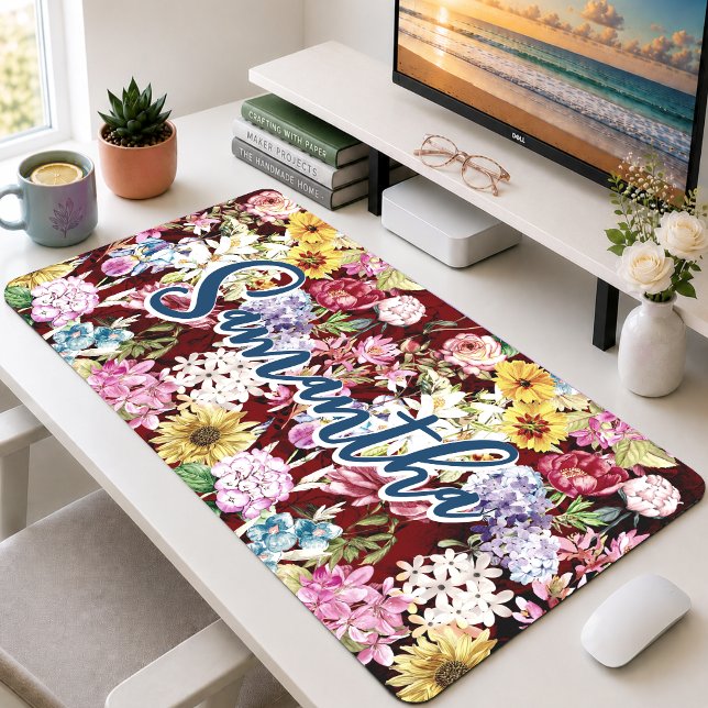 Elegant Cute Red Yellow Floral Monogram  Desk Mat (Creator Uploaded)
