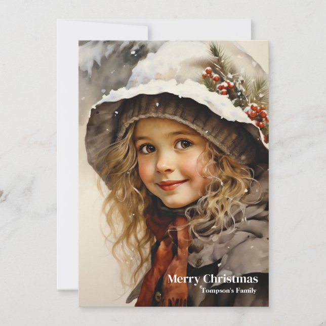 Elegant cute retro girl with holly berry holiday card (Front)