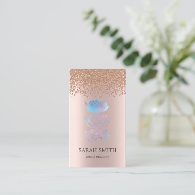 Elegant Cute Rose Gold Diamonds Lotus Business  Business Card (Standing Front)