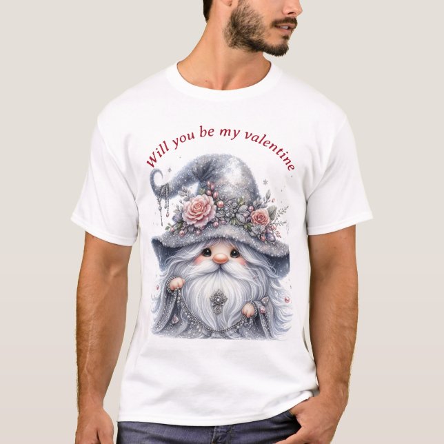 Elegant cute silver floral valentine gnome T-Shirt (Front)