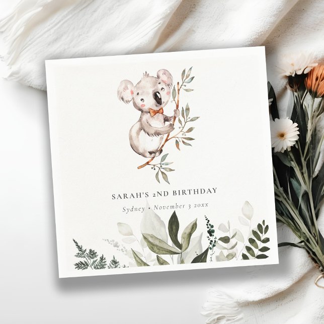 Elegant Cute Sleepy Koala Foliage Any Age Birthday Napkin (Creator Uploaded)