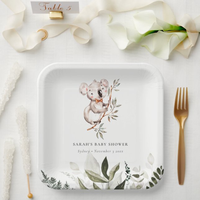 Elegant Cute Sleepy Koala Foliage Baby Shower Paper Plate (Wedding)
