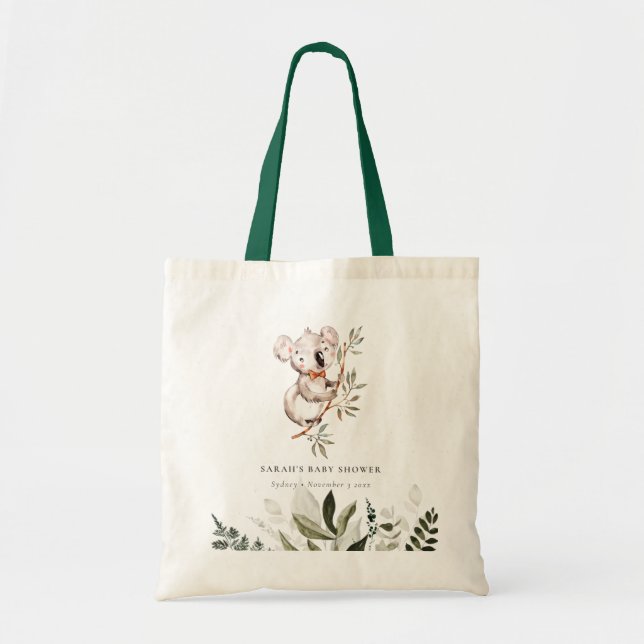 Elegant Cute Sleepy Koala Foliage Baby Shower Tote Bag (Front)