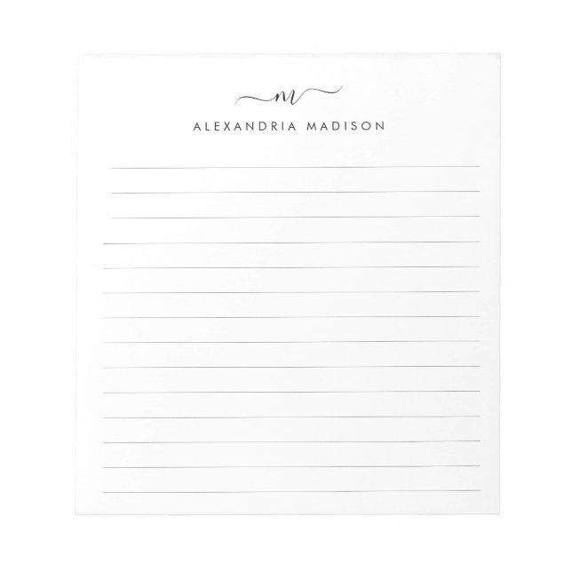 Elegant Cute Stylish Girly Script Monogram Lined Notepad (Front)