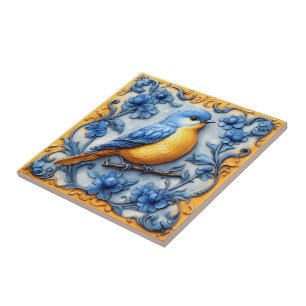 Elegant Cute Trendy Wildlife Floral Blue Bird Ceramic Tile