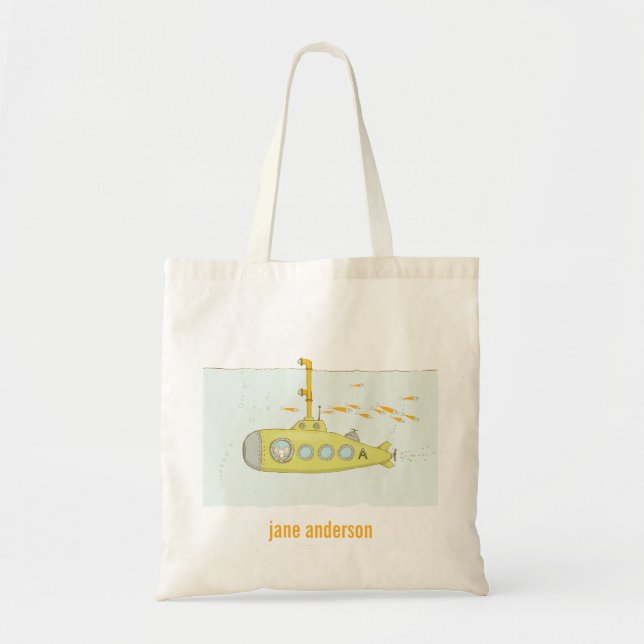 Elegant Cute Underwater Submarine Fish Monogram Tote Bag (Front)