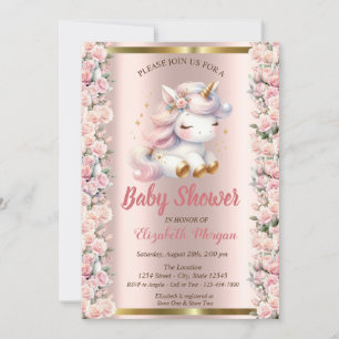 Elegant Cute Unicorn Roses Rose Gold Baby Shower  Invitation
