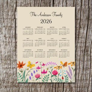 Elegant Cute Watercolor Wildflowers Calendar 2026