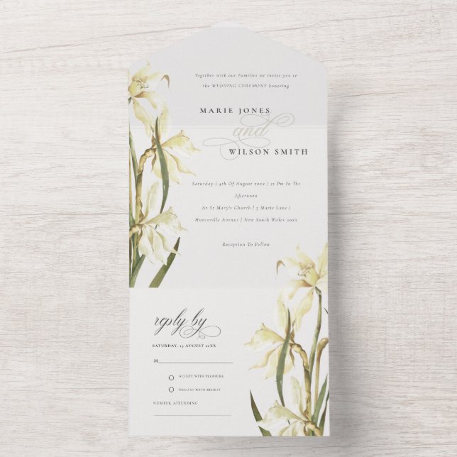 Elegant Cute White Daffodil Floral Wedding All In One Invitation (Inside)