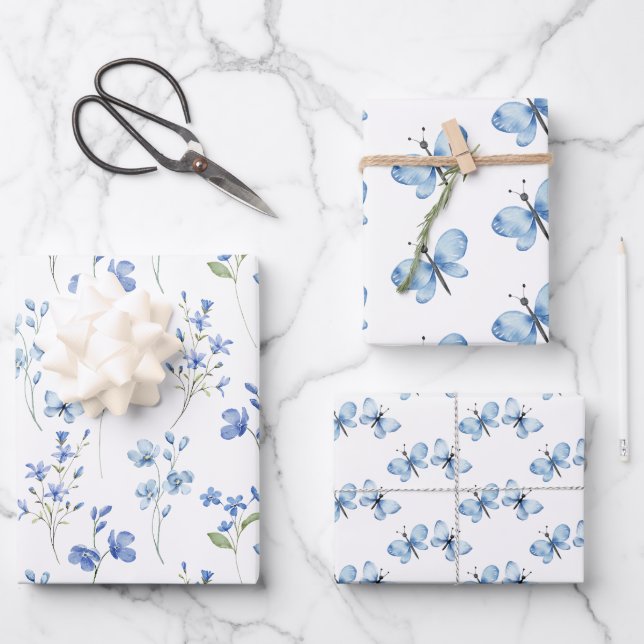 Elegant Cute Wildflowers and Butterflies Wrapping Paper Sheet (Front)