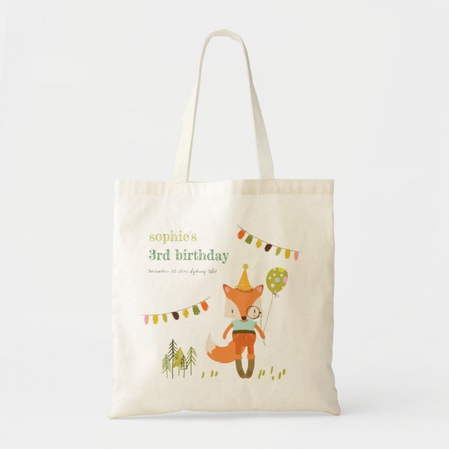 Elegant Cute Woodland Fun Party Fox Kids Birthday Tote Bag (Front)