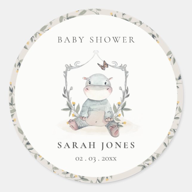 Elegant Cute Yellow Baby Hippo Foliage Baby Shower Classic Round Sticker (Front)