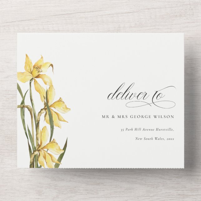 Elegant Cute Yellow Daffodil Floral Wedding All In One Invitation (Front)