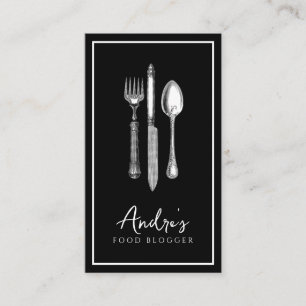 Elegant Cutlery Logo Food Blogger Black Business Card