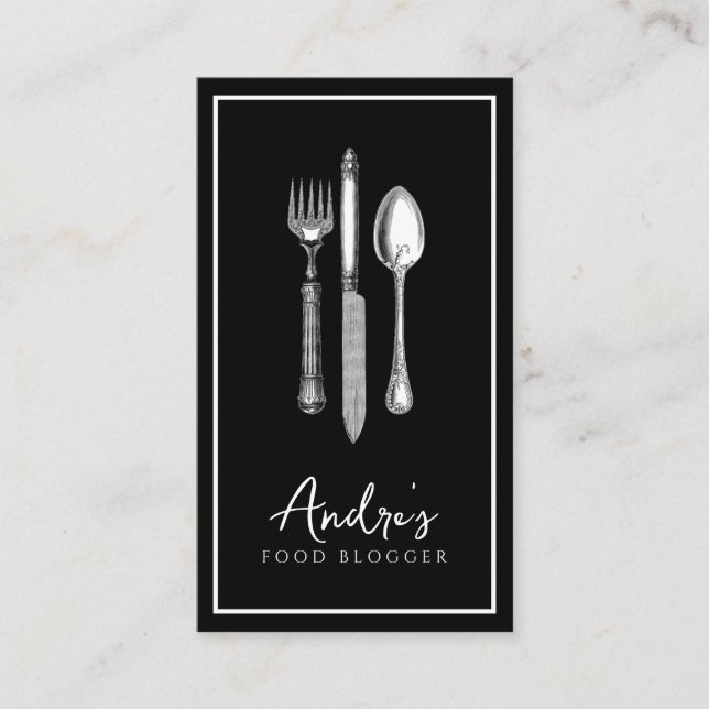 Elegant Cutlery Logo Food Blogger Black Business Card (Front)