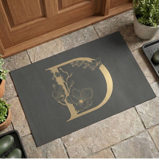 Elegant D Boho Floral Monogram Initial Grey Gold Doormat (Creator Uploaded)