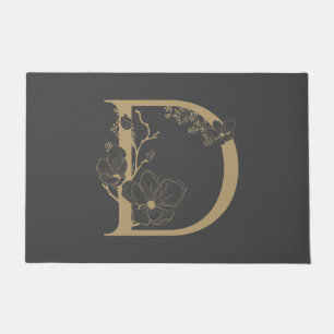 Elegant D Boho Floral Monogram Initial Grey Gold Doormat