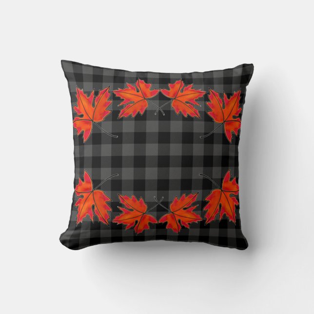 Elegant d leaves Red Maple leaves grey plaid Cushion (Front)