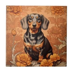 Elegant Dachshund And Marigolds   Ceramic Tile