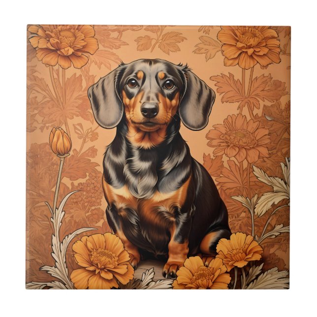 Elegant Dachshund And Marigolds   Ceramic Tile (Front)