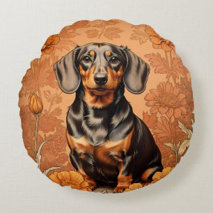 Elegant Dachshund And Marigolds Round Cushion