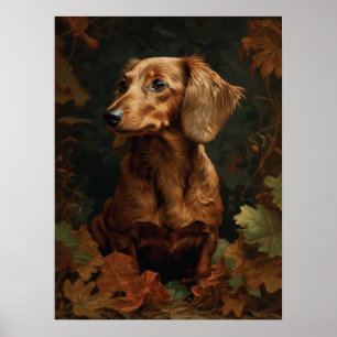Elegant Dachshund with Autumn Leaves   Floral Pet Poster