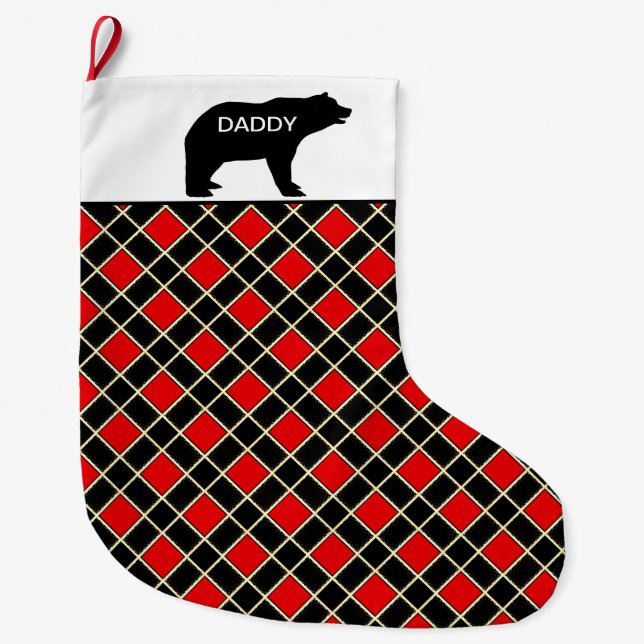 Elegant Daddy Bear on Black & Red Diamond Pattern Large Christmas Stocking (Front)
