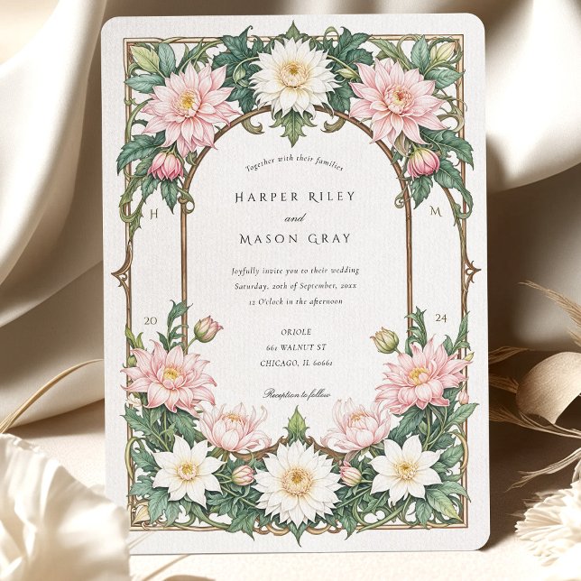Elegant Dahlia Art Nouveau Wedding Soft Pink Invitation (Creator Uploaded)