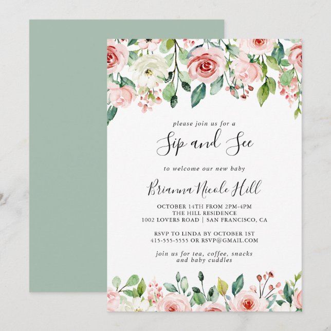 Elegant Dainty Autumn Floral Sip and See Invitation (Front/Back)