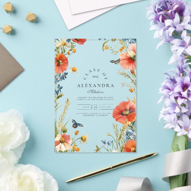 Elegant Dainty Wildflowers Graduation Party Acrylic Invitations (Insitu (Wedding))
