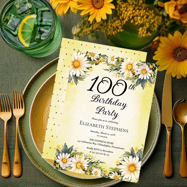 Elegant Daisies Garden Floral 100th Birthday Party Invitation (Elegant Daisies Garden Floral 100th Birthday Party Invitation - Print and/or Digital Download)