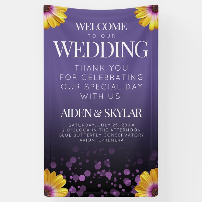 Elegant Daisies Purple Glitter Welcome Wedding Banner (Vertical)