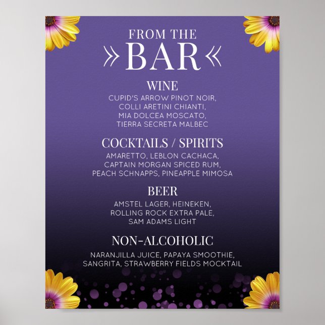 Elegant Daisies with Purple Glitter Wedding Drinks Poster (Front)