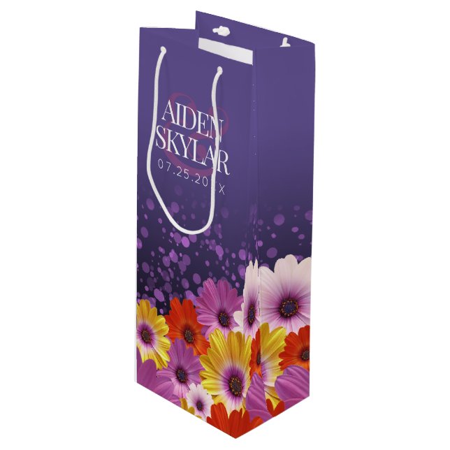 Elegant Daisies with Purple Glitter Wedding Wine Gift Bag (Front Angled)
