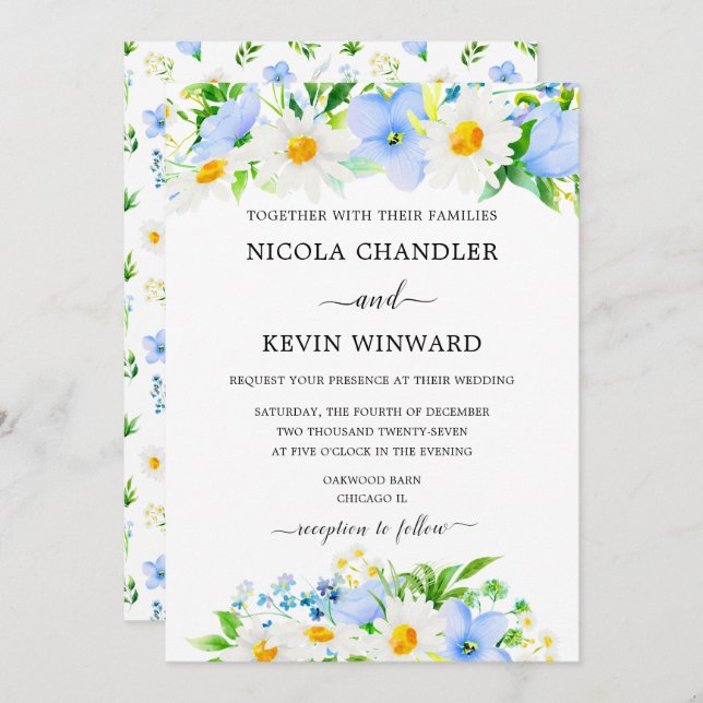 Elegant Daisy and Forget Me Not Wedding Invitation (Front/Back)