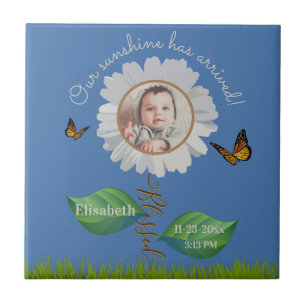 Elegant Daisy Blue Floral Cute Baby Photo & Name Ceramic Tile