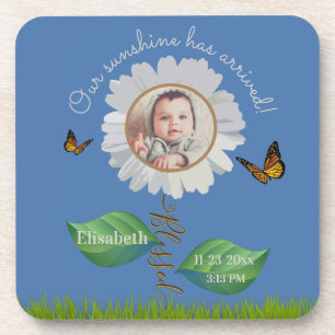 Elegant Daisy Blue Floral Cute Baby Photo & Name Coaster