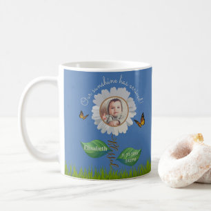 Elegant Daisy Blue Floral Cute Baby Photo & Name Coffee Mug