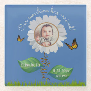 Elegant Daisy Blue Floral Cute Baby Photo & Name Glass Coaster
