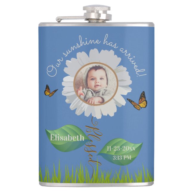 Elegant Daisy Blue Floral Cute Baby Photo & Name Hip Flask (Front)