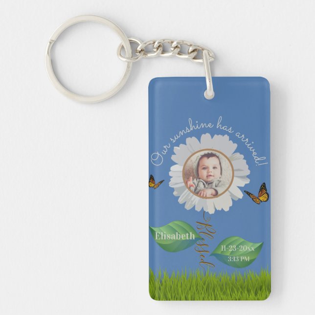 Elegant Daisy Blue Floral Cute Baby Photo & Name Key Ring (Front)