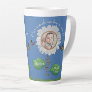 Elegant Daisy Blue Floral Cute Baby Photo & Name Latte Mug